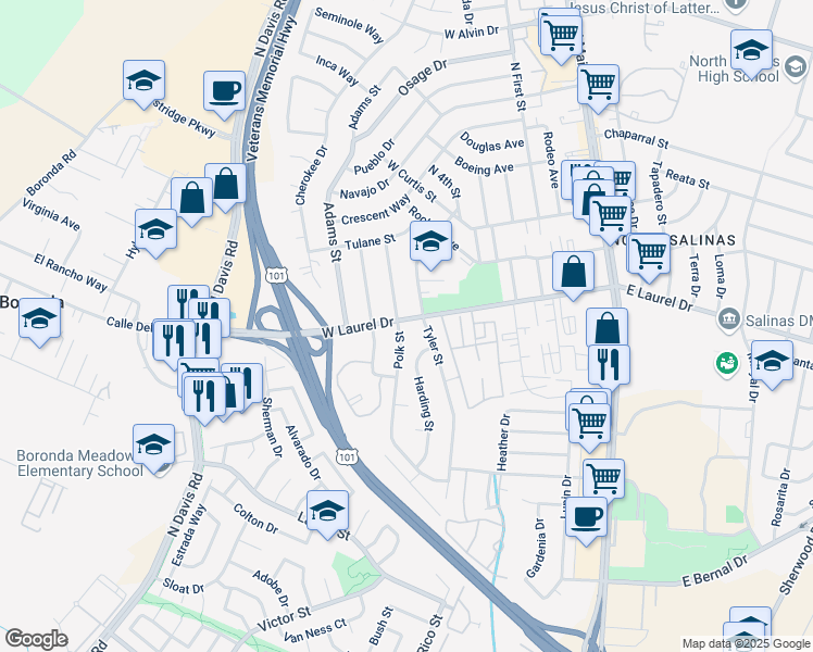 map of restaurants, bars, coffee shops, grocery stores, and more near 517 West Laurel Drive in Salinas
