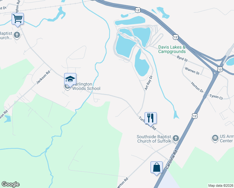 map of restaurants, bars, coffee shops, grocery stores, and more near 665 Turlington Road in Suffolk