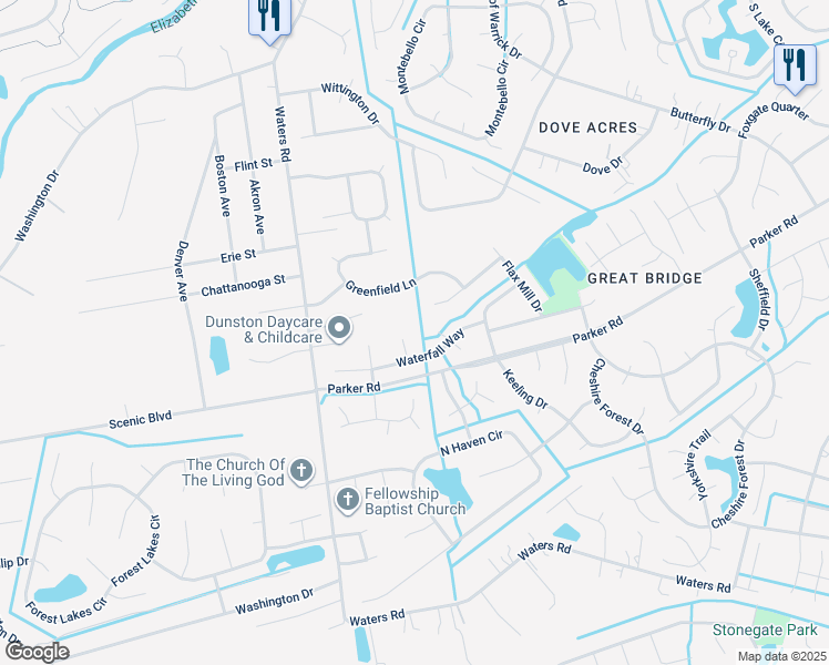 map of restaurants, bars, coffee shops, grocery stores, and more near 605 Stream Arch in Chesapeake