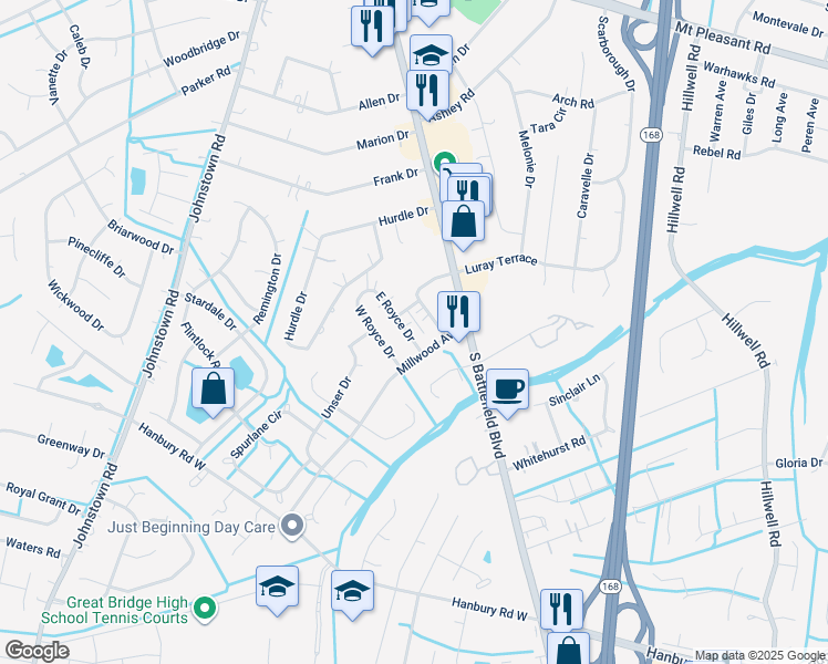 map of restaurants, bars, coffee shops, grocery stores, and more near 104 East Royce Drive in Chesapeake
