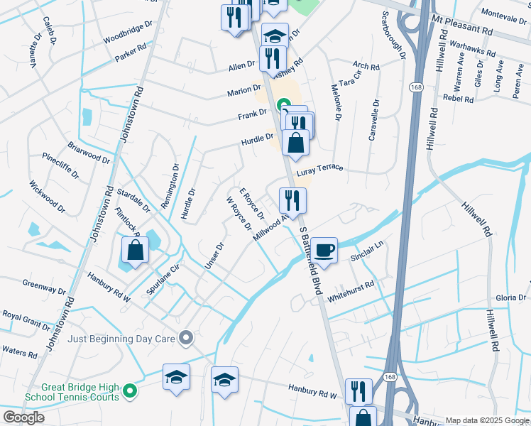 map of restaurants, bars, coffee shops, grocery stores, and more near 104 East Royce Drive in Chesapeake
