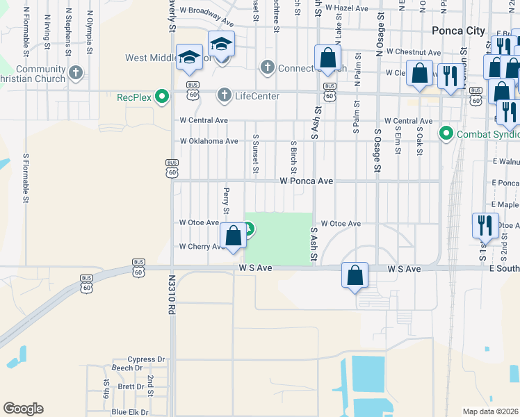 map of restaurants, bars, coffee shops, grocery stores, and more near 435 South Sunset Street in Ponca City