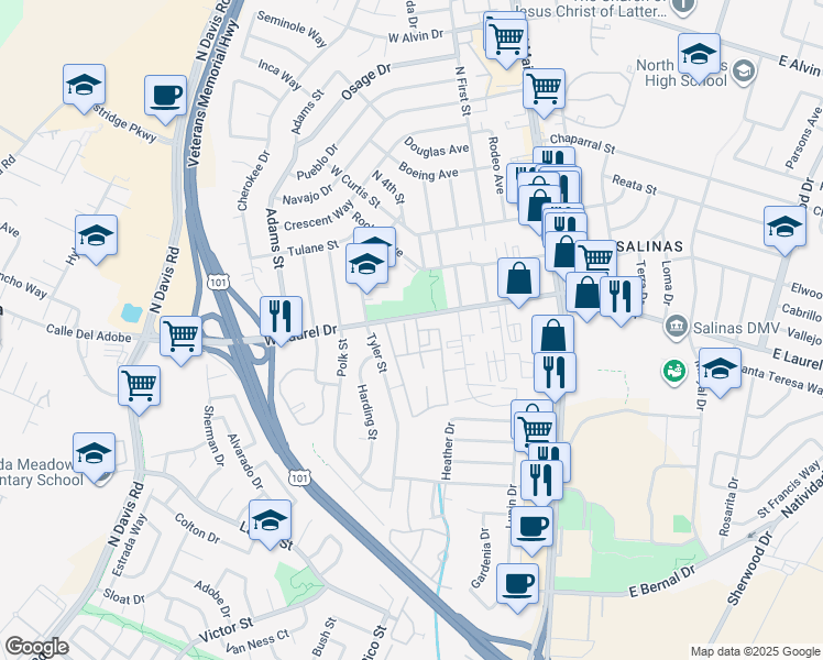 map of restaurants, bars, coffee shops, grocery stores, and more near 429 West Laurel Drive in Salinas