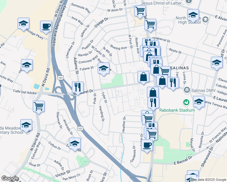 map of restaurants, bars, coffee shops, grocery stores, and more near 429 West Laurel Drive in Salinas