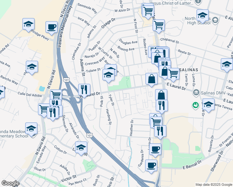 map of restaurants, bars, coffee shops, grocery stores, and more near 1182 Tyler Street in Salinas