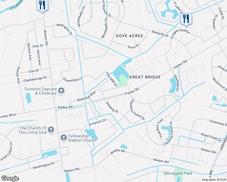 map of restaurants, bars, coffee shops, grocery stores, and more near 841 Parker Road in Chesapeake