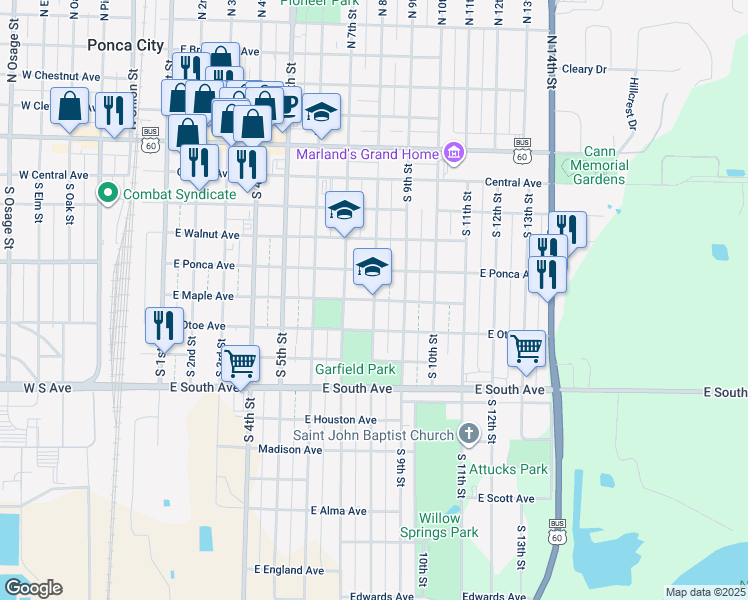 map of restaurants, bars, coffee shops, grocery stores, and more near 600 South 8th Street in Ponca City