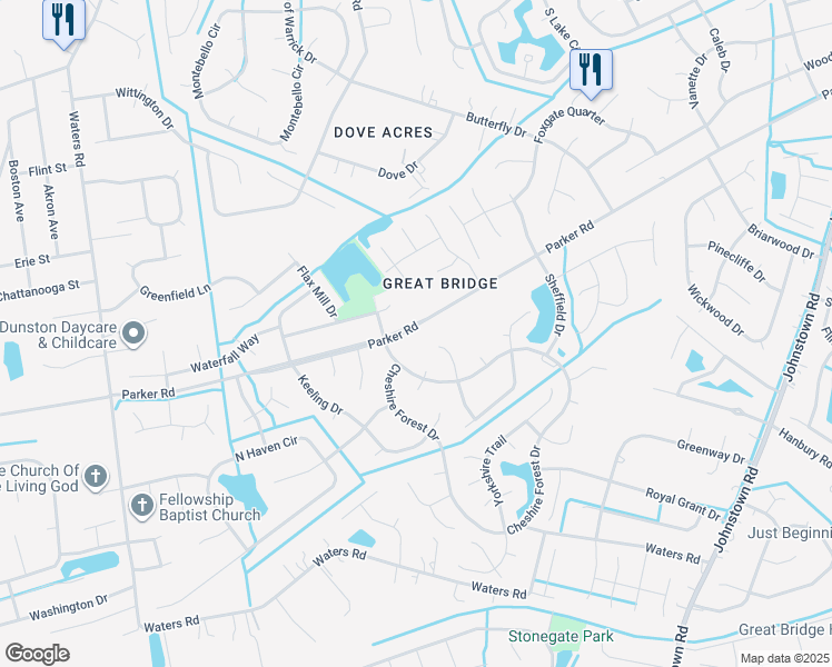 map of restaurants, bars, coffee shops, grocery stores, and more near 736 Parker Road in Chesapeake