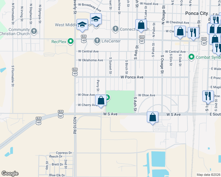 map of restaurants, bars, coffee shops, grocery stores, and more near 435 South Sunset Street in Ponca City