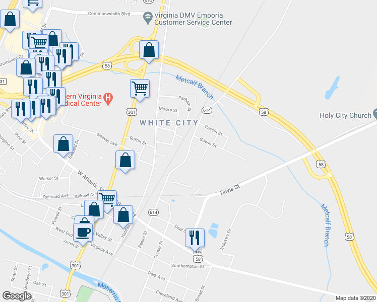 map of restaurants, bars, coffee shops, grocery stores, and more near 735 Reese Street in Emporia