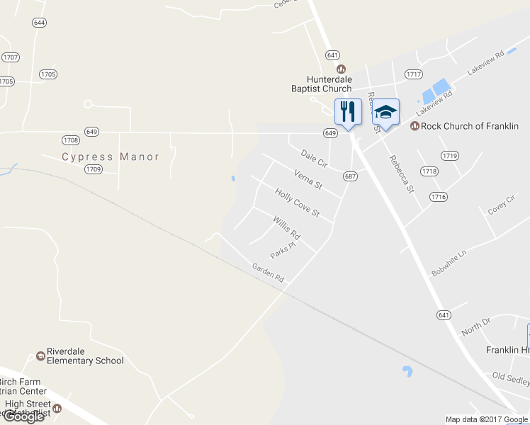 map of restaurants, bars, coffee shops, grocery stores, and more near 304 Willis Road in Franklin