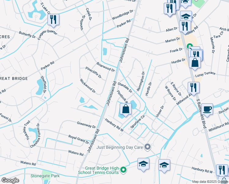 map of restaurants, bars, coffee shops, grocery stores, and more near 429 Flintlock Road in Chesapeake