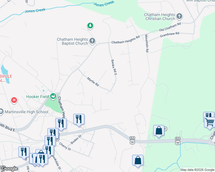 map of restaurants, bars, coffee shops, grocery stores, and more near 938 Banks Road in Martinsville