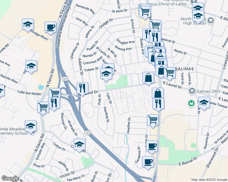 map of restaurants, bars, coffee shops, grocery stores, and more near 521 Rochex Avenue in Salinas