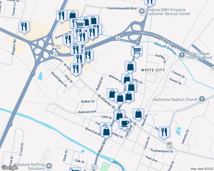 map of restaurants, bars, coffee shops, grocery stores, and more near 216 Meherrin Lane in Emporia