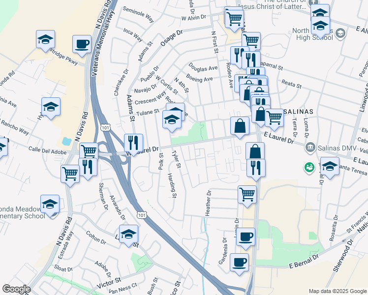 map of restaurants, bars, coffee shops, grocery stores, and more near 417 Tyler Place in Salinas