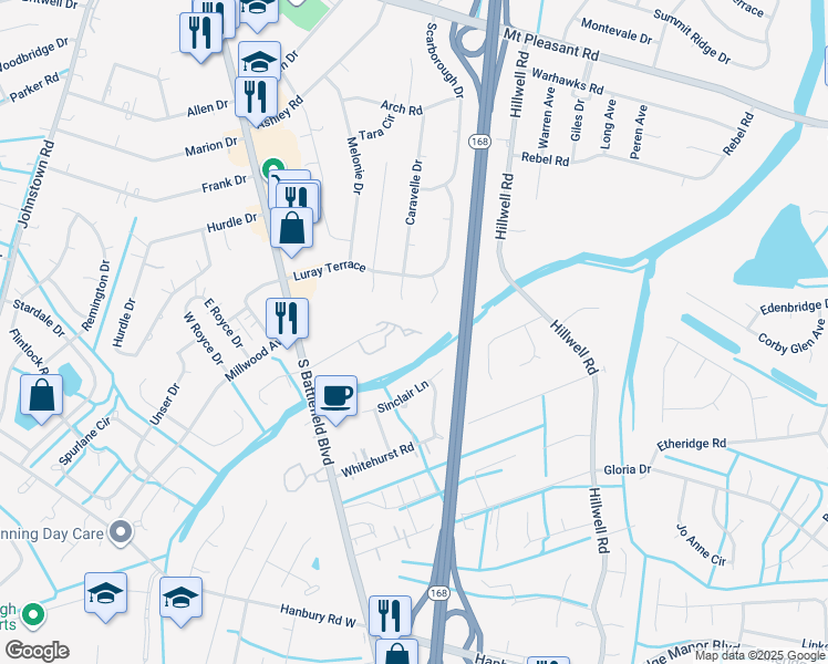 map of restaurants, bars, coffee shops, grocery stores, and more near 923 South Hill Lane in Chesapeake