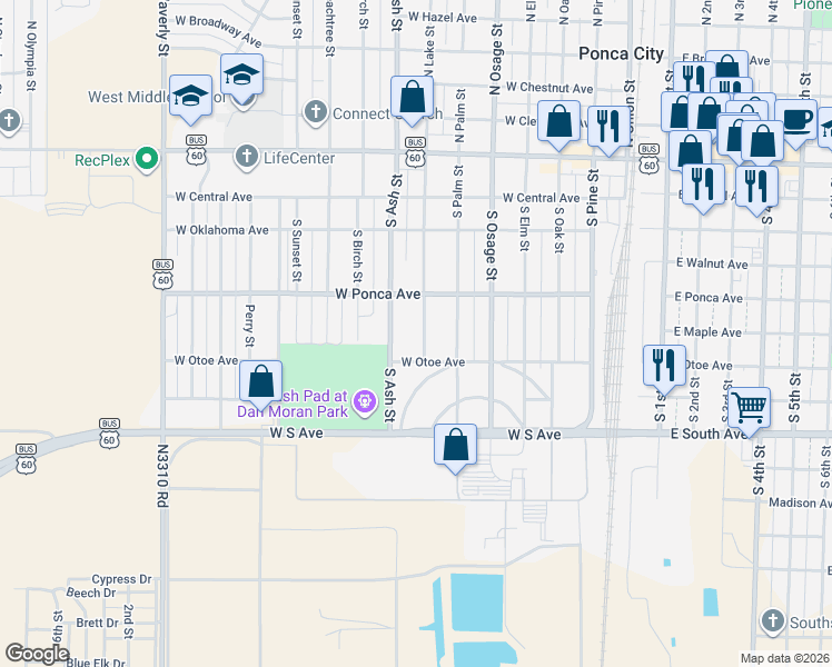 map of restaurants, bars, coffee shops, grocery stores, and more near 416 South Lake Street in Ponca City