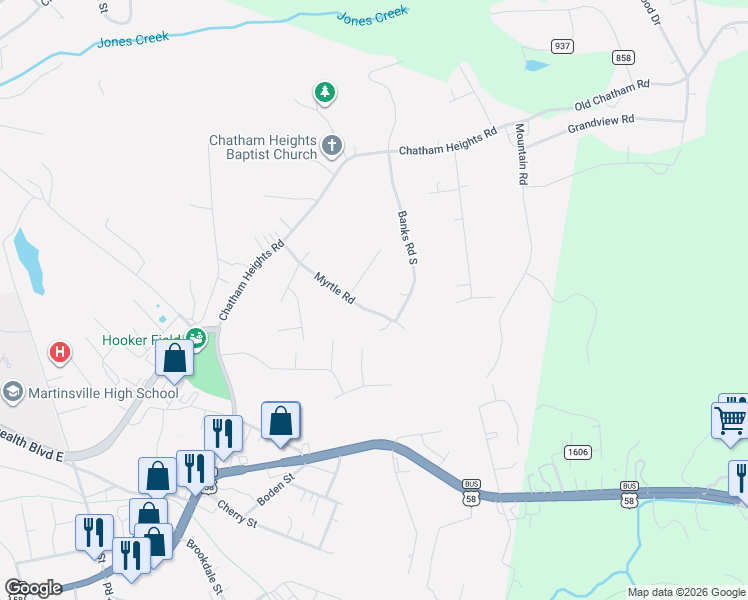 map of restaurants, bars, coffee shops, grocery stores, and more near 1208 Berta Road in Martinsville