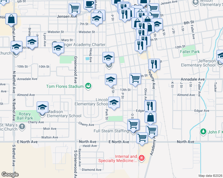 map of restaurants, bars, coffee shops, grocery stores, and more near 1305 Q Street in Sanger