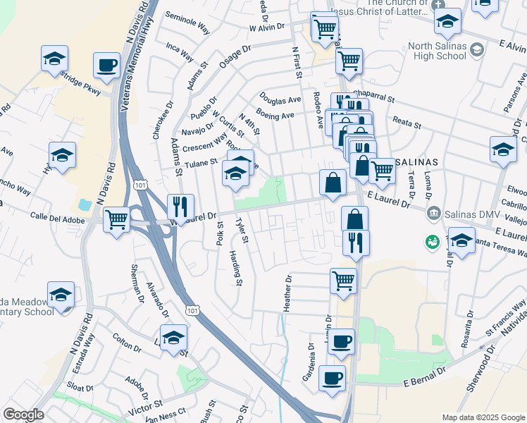 map of restaurants, bars, coffee shops, grocery stores, and more near 340 Rochex Avenue in Salinas