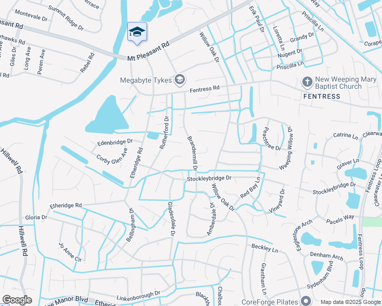 map of restaurants, bars, coffee shops, grocery stores, and more near 805 Brandermill Drive in Chesapeake