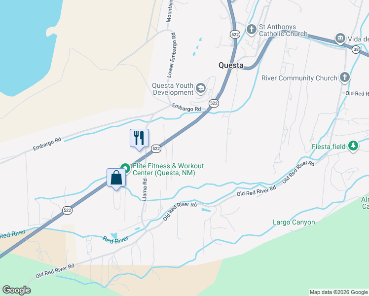 map of restaurants, bars, coffee shops, grocery stores, and more near 2388 New Mexico 522 in Questa