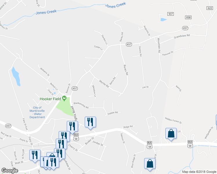 map of restaurants, bars, coffee shops, grocery stores, and more near 926 Myrtle Road in Martinsville