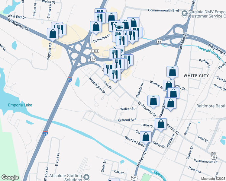 map of restaurants, bars, coffee shops, grocery stores, and more near 400 Pennsylvania Avenue in Emporia