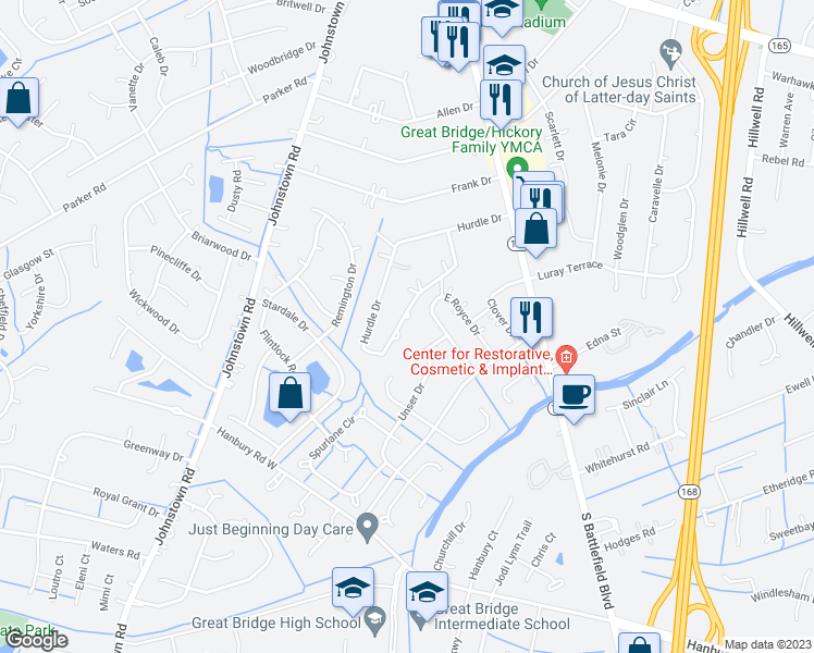 map of restaurants, bars, coffee shops, grocery stores, and more near 315 Hurdle Drive in Chesapeake