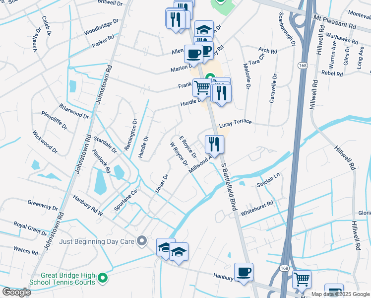 map of restaurants, bars, coffee shops, grocery stores, and more near 111 East Royce Drive in Chesapeake