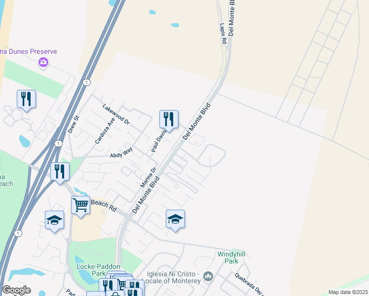 map of restaurants, bars, coffee shops, grocery stores, and more near 205 Cosky Drive in Marina