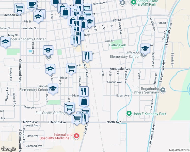map of restaurants, bars, coffee shops, grocery stores, and more near 1121 Annadale Avenue in Sanger