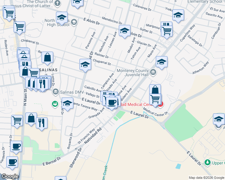 map of restaurants, bars, coffee shops, grocery stores, and more near 1247 Trazado Avenue in Salinas