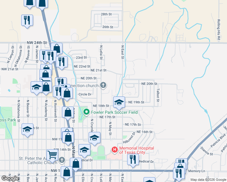 map of restaurants, bars, coffee shops, grocery stores, and more near 1901 North Lelia Street in Guymon