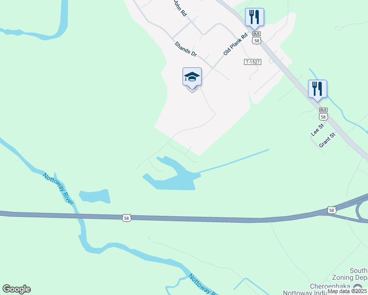 map of restaurants, bars, coffee shops, grocery stores, and more near 23415 Wyanoke Lane in Courtland