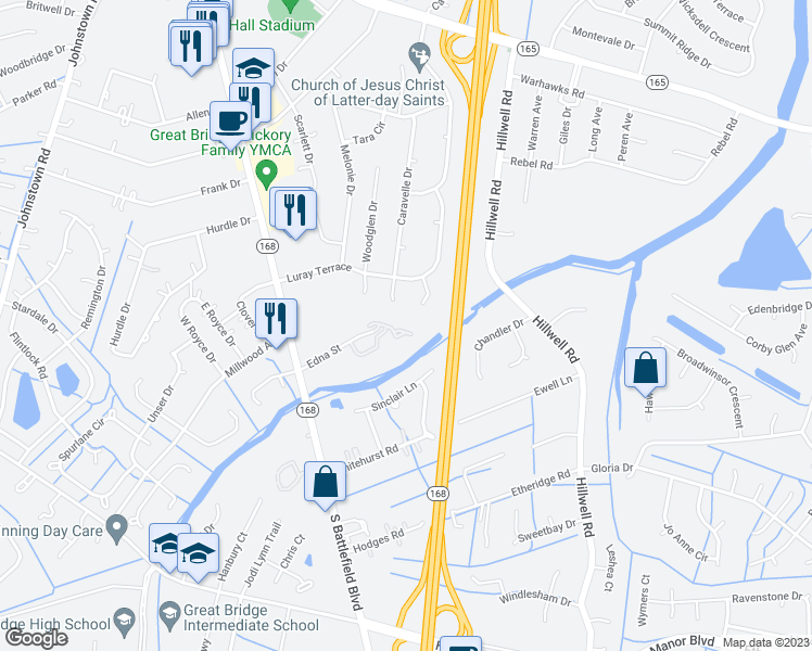 map of restaurants, bars, coffee shops, grocery stores, and more near 408 East Hill Lane in Chesapeake
