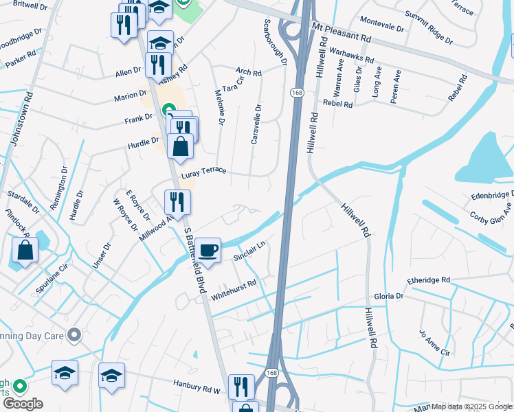 map of restaurants, bars, coffee shops, grocery stores, and more near 408 East Hill Lane in Chesapeake