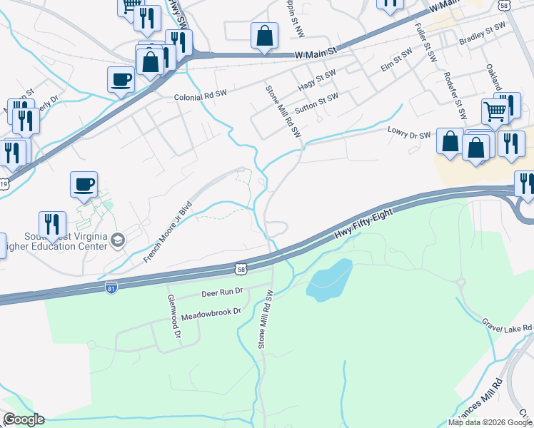map of restaurants, bars, coffee shops, grocery stores, and more near 410 Stone Mill Road Southwest in Abingdon
