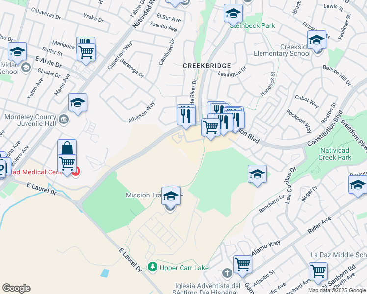 map of restaurants, bars, coffee shops, grocery stores, and more near 1701 Independence Boulevard in Salinas