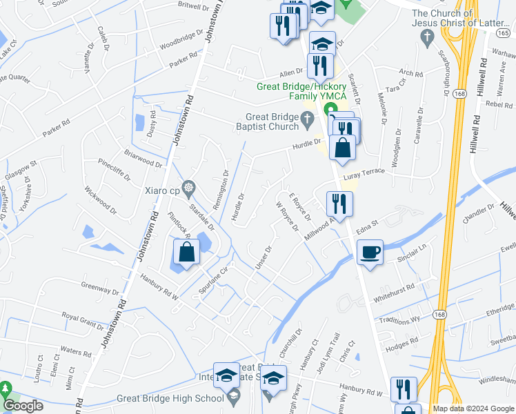 map of restaurants, bars, coffee shops, grocery stores, and more near 317 Hurdle Drive in Chesapeake