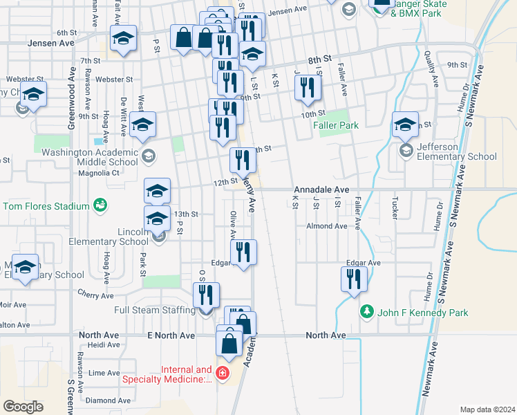 map of restaurants, bars, coffee shops, grocery stores, and more near 1215 Academy Avenue in Sanger