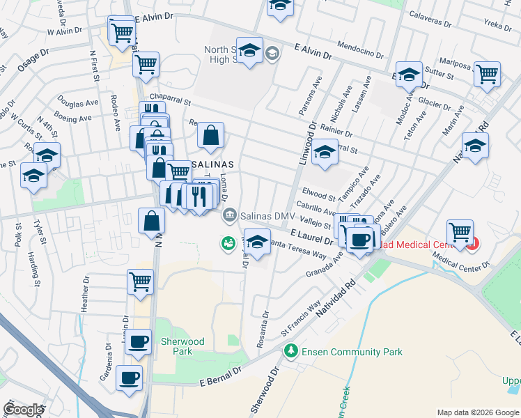 map of restaurants, bars, coffee shops, grocery stores, and more near 220 Angelus Drive in Salinas