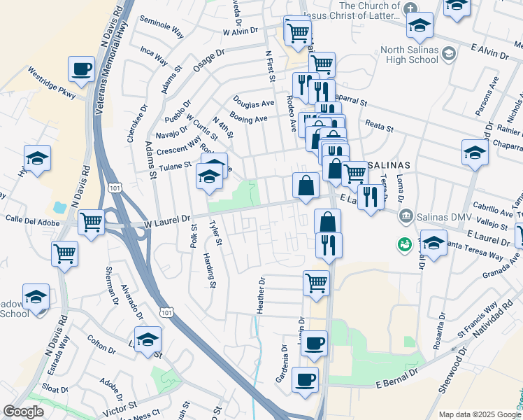 map of restaurants, bars, coffee shops, grocery stores, and more near 314 West Laurel Drive in Salinas