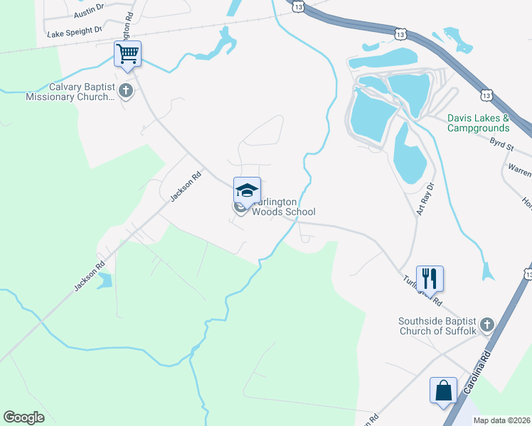 map of restaurants, bars, coffee shops, grocery stores, and more near 641 Turlington Road in Suffolk