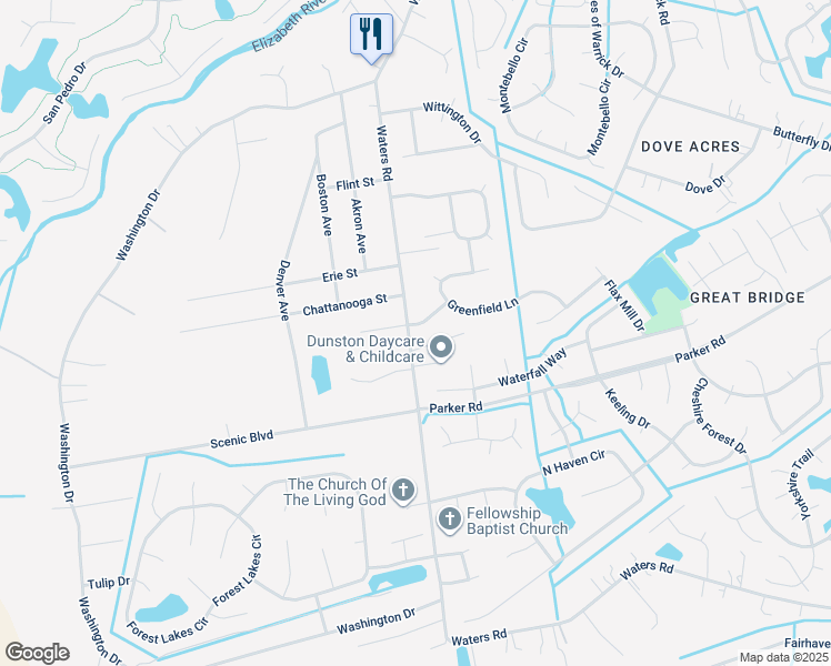 map of restaurants, bars, coffee shops, grocery stores, and more near 645 Waters Road in Chesapeake