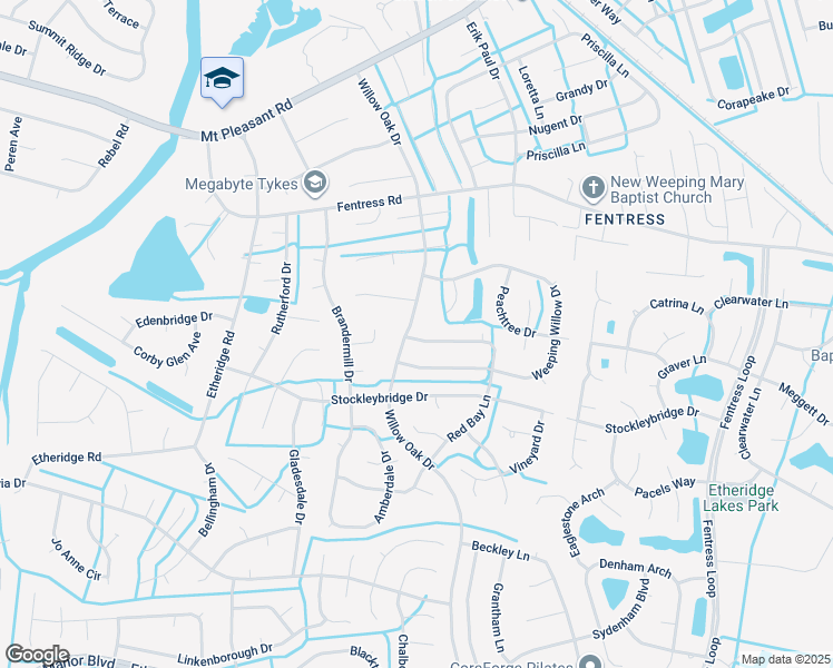 map of restaurants, bars, coffee shops, grocery stores, and more near 621 Willow Oak Drive in Chesapeake