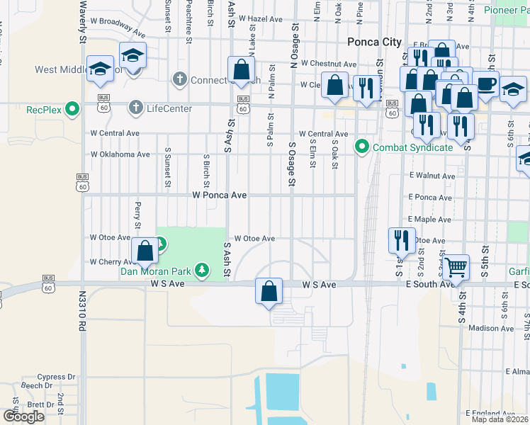 map of restaurants, bars, coffee shops, grocery stores, and more near 408 South Palm Street in Ponca City