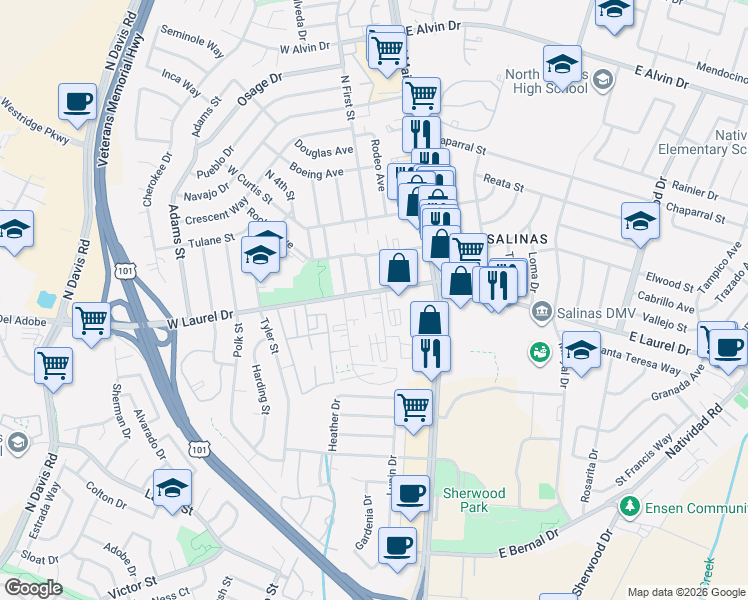 map of restaurants, bars, coffee shops, grocery stores, and more near 1153 Baldwin Street in Salinas