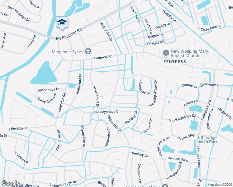 map of restaurants, bars, coffee shops, grocery stores, and more near 621 Willow Oak Drive in Chesapeake